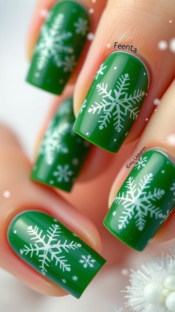 Green Christmas Nails with Snowflake Design Close-up of green Christmas nails with white snowflakes design.